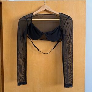 Edikted Black Mesh Shrug Top – Sheer Long Sleeve, Medium